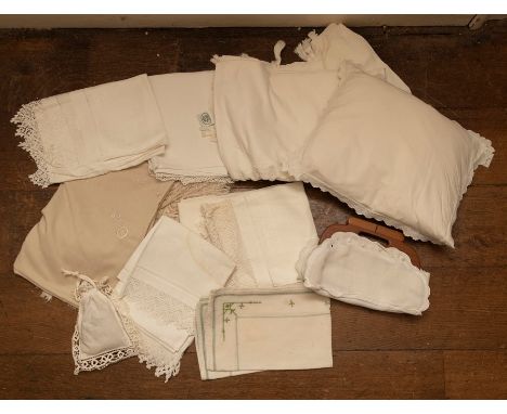 A large collection of linen tablecloth runners, Victorian with lace edging. Cushion covered in vintage housemaids aprons, Edw