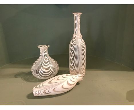 Three items of 19th Century Nailsea type glass vessels, white inclusions, to include a decanter, a vase and a flask, height o