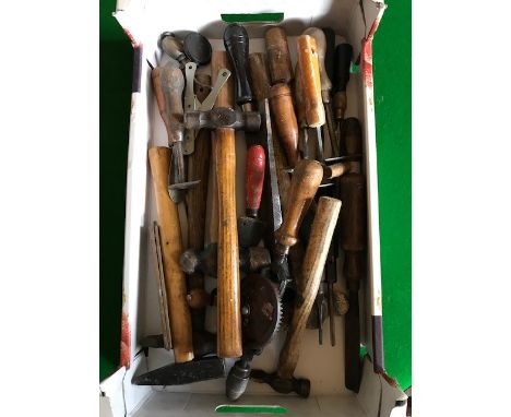 A box of assorted vintage tools, mainly with wooden handles