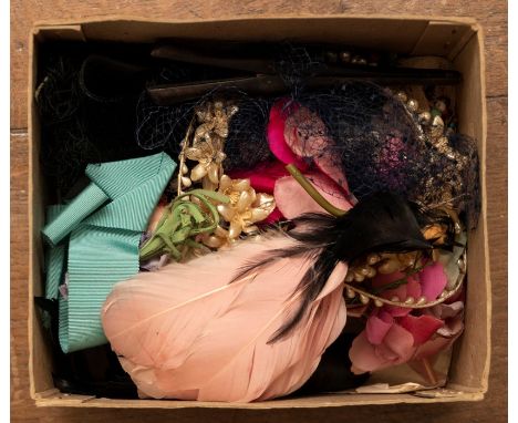 A quantity of Haberdashery to include - silk and fabric, flowers in box with vintage veil (discoloured), pearl head dress (br
