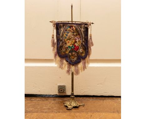 Beaded and Tasseled Victorian screen, with floral and birds. The screen has a design in a floral and Forna edging. Embroidere