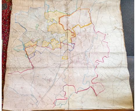 Large Victorian map of Rocester in Staffordshire, published by Ordnance Survey, 1882, hand-coloured, linen-backed, with woode