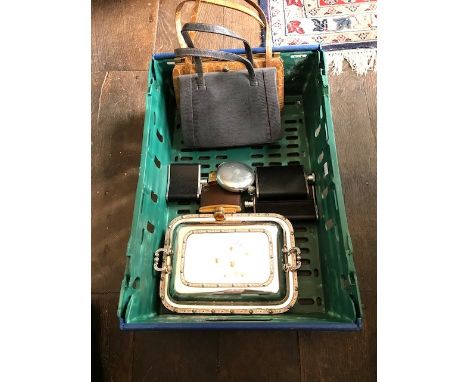 Two vintage handbags, a plated entree dish and various hip flasks (one box)