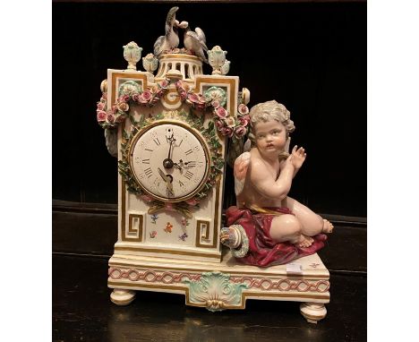 A Meissen figural mantel clock, late 19th century, two gulls above four floral finials, circular enamel dial with Roman hours