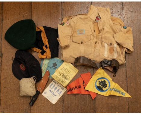 A complete mid 1960's North Staffs Boy Scouts Uniform comprising of green beret with cap badge, khaki shirt with insignia, br