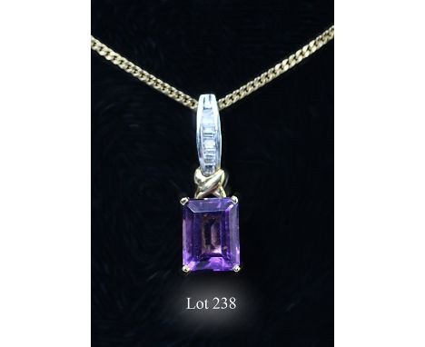 An 18ct amethyst and diamond pendant and 18ct chain, the rectangular step cut amethyst, in four claw mounts to a bale set wit