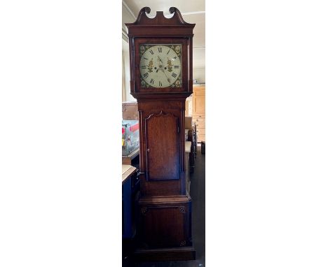 A George III oak and mahogany 8-day longcase clock, swan neck pediment above a single glazed panel door, opening to a painted