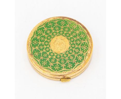 A Coty yellow metal and enamelled miniature compact, mid-20th Century, of circular form, the top with embossed web pattern en