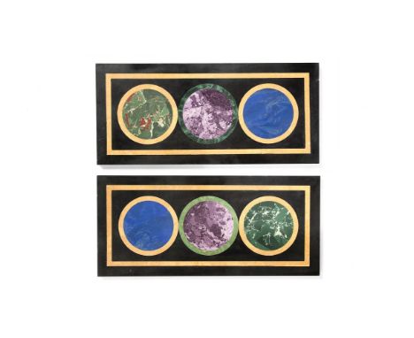 Two scagliola panels, 20th century, each rectangular section slate panel painted with three circles in the style of polychrom