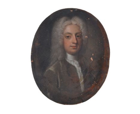 British School (circa 1730) Portrait of a gentleman, wearing a powdered wig and a brown jacket Oil on copper 12cm x 9.7cm, ov
