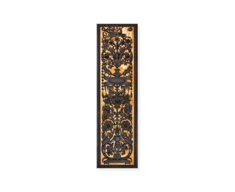 A pair of carved bronzed wood panels by Anton Leone Bulletti, Florence, dated 1864, in the baroque style, bearing strapwork f