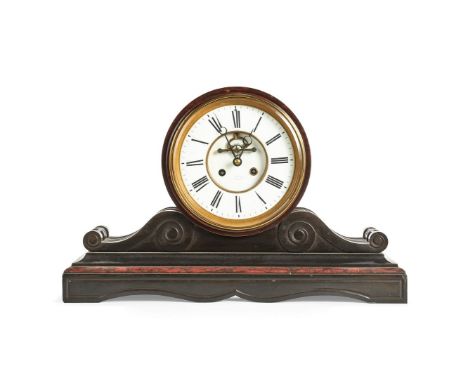 A French and black and red marble drumhead mantel clock, late 19th century, the eight-day bell striking movement with Brocot 