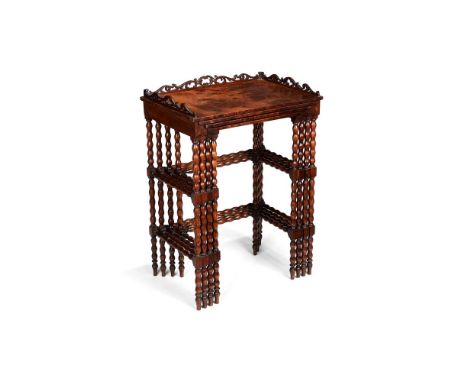 A Set of Victorian burr and figured walnut quartetto tables, circa 1860, in the manner of Gillows, the largest table with a p