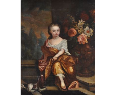 Circle of James Maubert (Irish 1666-1746)   Portrait of a young girl, in gold dress with a spaniel at her side   Indistinctly