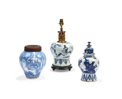 Three items of Dutch Delft, various dates 18th century, comprising: a Transitional  style vase adapted for electricity as a l
