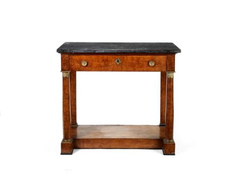 A French Empire burr elm marble topped pier table, the rectangular fossil marble slab above a frieze drawer, on columnar supp