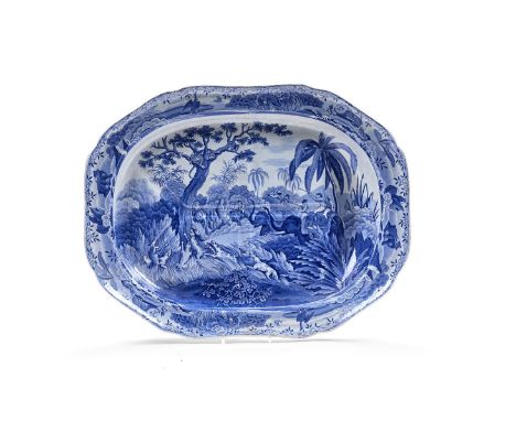 A Spode blue and white pearlware 'well and tree' meat dish from the 'Indian Sporting' Series, circa 1810, and printed with th