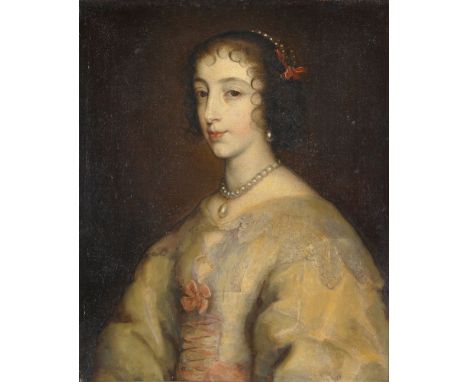 After Sir Anthony Van Dyck   Portrait of Henriette Maria (1609-1669)  in a white dress with pink bows and a lace collar   Oil