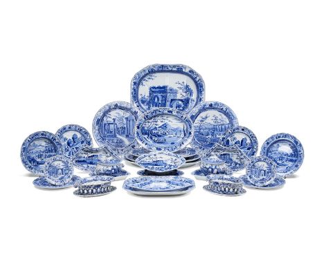 A selection of Spode blue and white printed pottery from the 'Caramanian' series, circa 1810, comprising: a graduated set of 