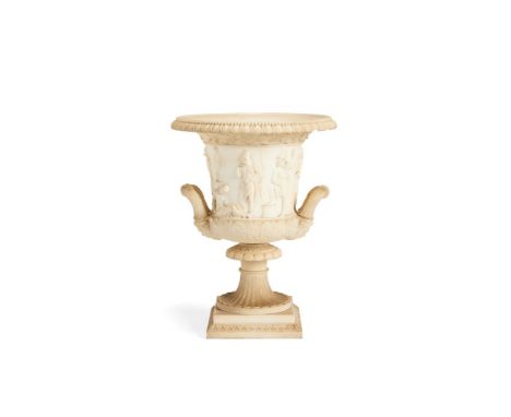 An Italian sculpted alabaster and marble model of the Borghese vase, probably 19th century and later adapted, the everted cam