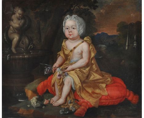 Follower of Sir Peter Lely   Portrait of an infant, in a gold wrap and lace bonnet, seated, holding flowers   Oil on canvas  