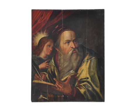 Continental School (17th century) A scholar holding an open book with an angel Oil on panel 78 x 61cm (30½ x 24 in.) overall 