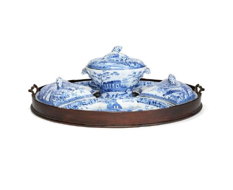 A Spode blue and white printed pearlware part supper set from the 'Caramanian' Series, early 19th century, decorated with the