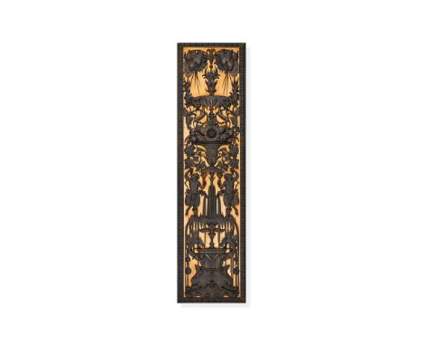 A pair of carved bronzed wood panels by Anton Leone Bulletti, Florence, dated 1864, in the baroque style, featuring  baskets 