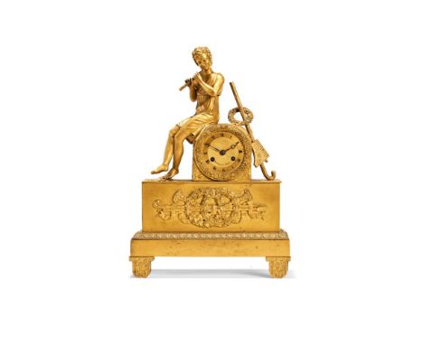 A French Empire figural mantel clock, unsigned, early 19th century, the eight-day countwheel bell striking movement with silk