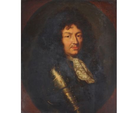 Follower of Robert Nanteuil   Portrait of King Louis XIV (1638-1715), half length, in armour   Oil on canvas, feigned oval   