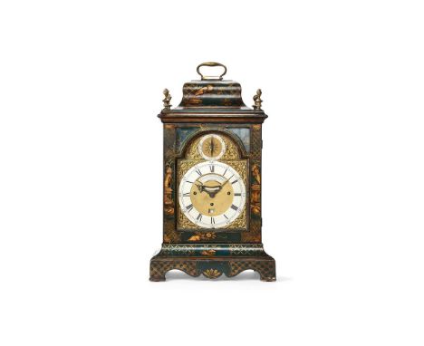 A George III green japanned quarter chiming table clock, Markwick, Markham, Perigal, London, circa 1770, The seven pillar tri