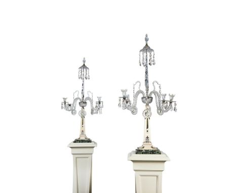 A pair of substantial marble mounted and cut glass four light lustre candelabra, late 18th century and later, the urn and can