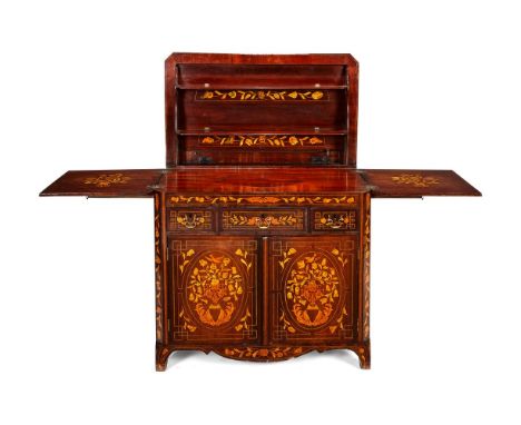 A Dutch mahogany and floral marquetry opflaptafel or buffet, early 19th century, the hinged chamfered rectangular top reveali