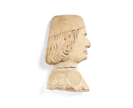 An Italian sculpted white marble portrait relief of a gentleman in the manner of Sperandio Savelli (Italian, ca. 1425 - 1504)