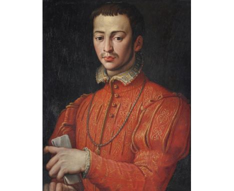 Follower of Agnolo Bronzino Portrait of Giovanni de Medici, half-length Oil on slate 72 x 56cm (28¼ x 22 in.) Provenance: Vil