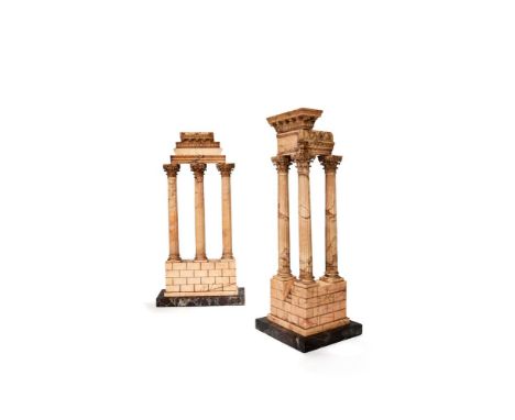 A pair of large Italian marmo giallo Grand Tour souvenir models of Temple of Castor and Pollux and the Temple of Vespasian, a