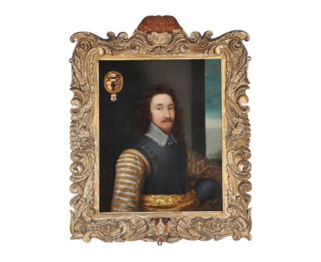 Circle of Cornelis Jonson Van Ceulen   Portrait of Sir Edward Dering (1598-1644), half-length, in a gold and white striped do
