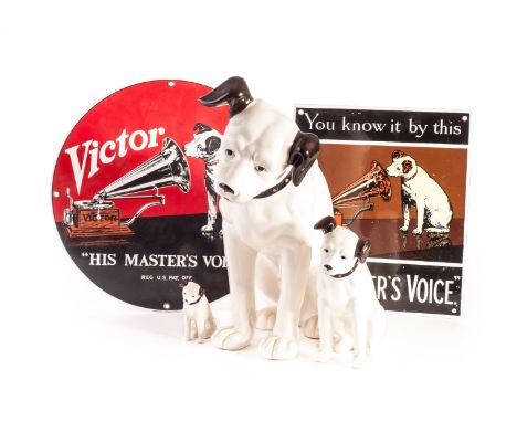 His Masters Voice: two reproduction H.M.V enamel signs sold with three ceramic figures of Nipper the dog