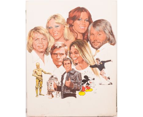 Arnaldo Putzu Look-in Magazine: TV Annual, original artwork of mixed media on board depicting Abba, The Fonz, Mickey Mouse, S