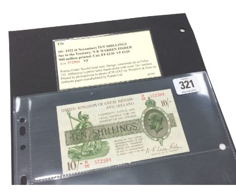 An early 20th century 10 shillings bank note bearing the signature of secretary to the treasury N K Warren Fisher, No. 572504