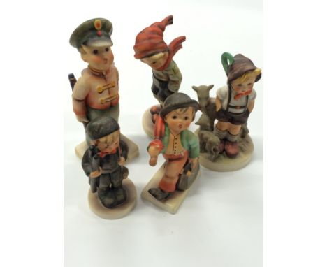 Five Goebel Hummel studies of young children including Soldier boy, Winter Breeze, Chimney Sweep, Off to the Office and Sheep