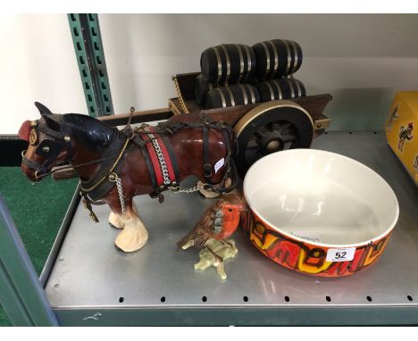 A Poole Pottery Delphis bowl, shape 95 together with a Goebel china Robin and a china Shire horse and cart.