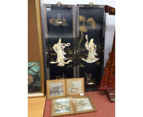 A pair of black lacquered Chinese mother of pearl and bone inlaid plaques depicting Confusious and Attendant together with a 