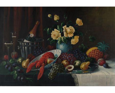Stoitzner, Rudolf (1873 Wien - 1933 ebenda, österreichischer Stilllebenmaler),"Stillleben Champagner und Hummer", Öl auf Lein