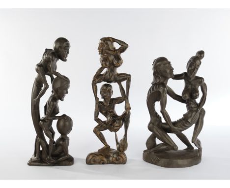 3 Skulpturen, "Erotische Figuren", Bali, 20. Jh., Holz, geschnitzt, 43-48 cm hoch