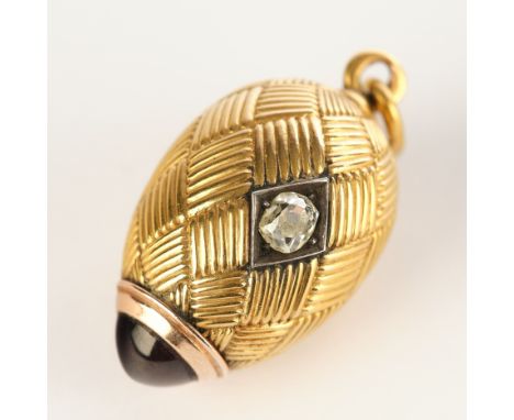 Anhänger, Ei, GG 56, Russland um 1890, Petersburg, Rubincabochon ø ca. 7 mm, ca. 1.40 ct., 1 Altschliffdiamant ca. 0.30 ct., 