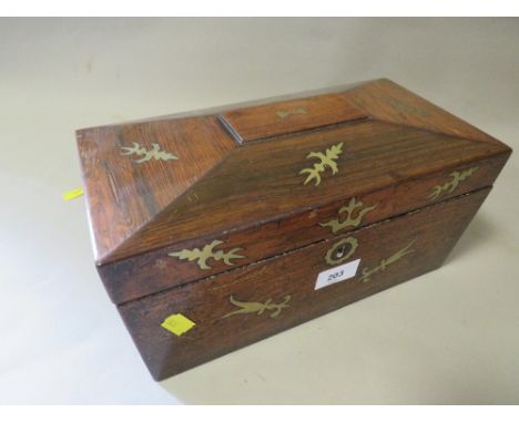 A wooden brass inlaid three sectioned tea caddy A/F