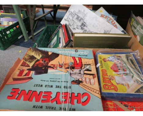 A tray of vintage board games to include Escalado together with a tray of vintage books etc