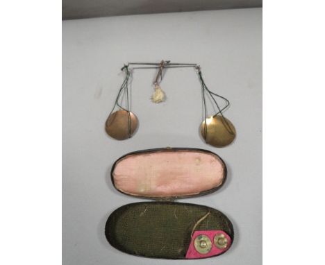A Georgian pocket coin balance scales, in original japanned case