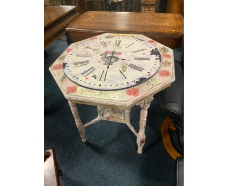 An Alice In Wonderland decoupage style papered painted Edwardian table with attached central circular clock panel